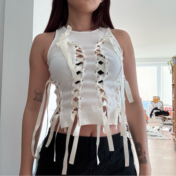 Iamgia Tops - Lace-Up Ribbed Tank Top - White
